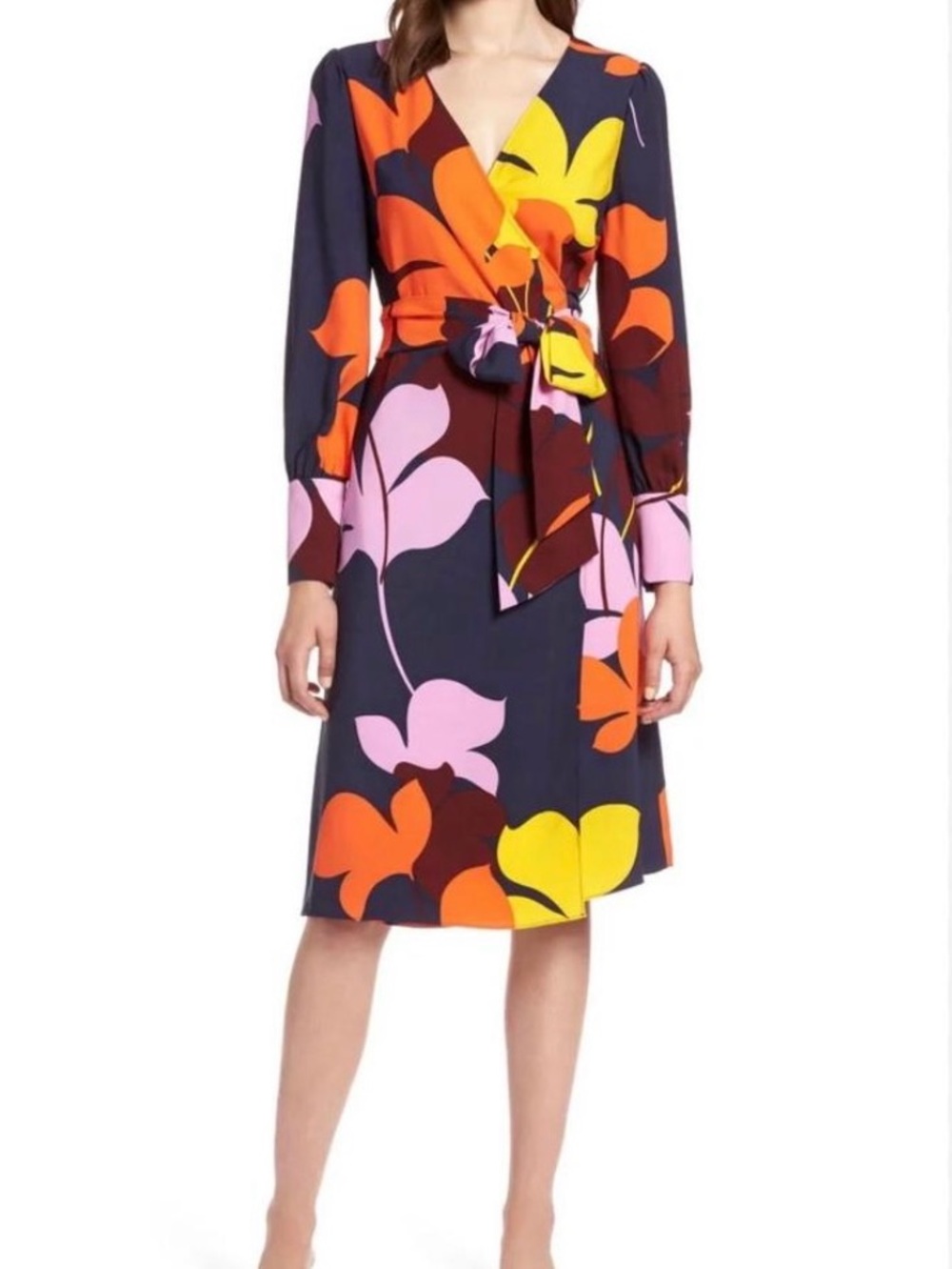 Halogen Navy Floral Wrap Dress with Orange, Pink & Yellow